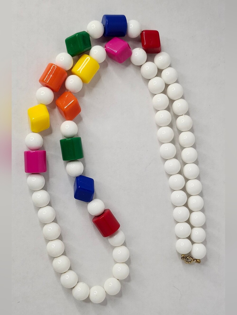 Chunky Beaded Necklace with White & Multicolor Beads 1980s 1990s